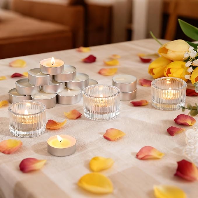 Round Clear Votive Candle Holders Set of 12, Purple Wedding Centerpiece Table Decorations, Mercury Glass Tealight Candle Holder for Bridal Shower, Baby Shower & Home Decor (Clear)