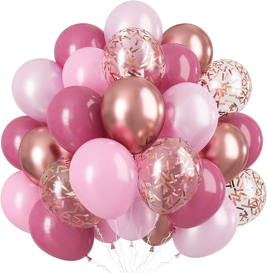 Dusty Rose Balloon Set, 60 Packs 12 Inch Retro Pink Metallic Chrome Rose Gold Pearl Macaron Light Pink Balloons for Girls Birthday Decorations, Bridal Shower, Wedding, Bachelorette Party