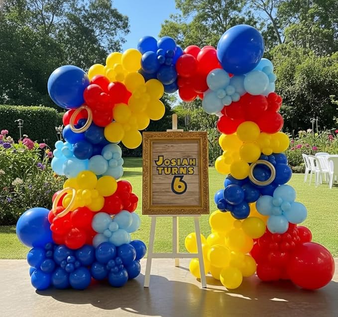 Cartoon Balloon Garland Arch Kit 171pcs with 4D Star Gold Long Balloons, Red Blue Yellow Balloons Arch Kit for Birthday Baby Shower Carnival Circus Hedgehog Super Hero Gamer Theme Party Decor