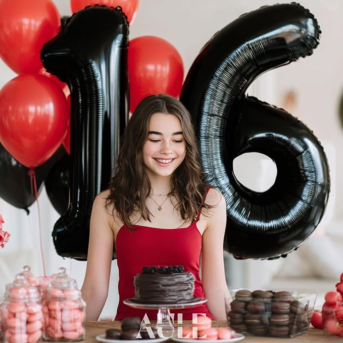 AULE 40 Inch Jumbo Black Foil Mylar Number Balloons for Boy Girl 16th Birthday Party Decorations 16 Years Old Anniversary Party Supplies