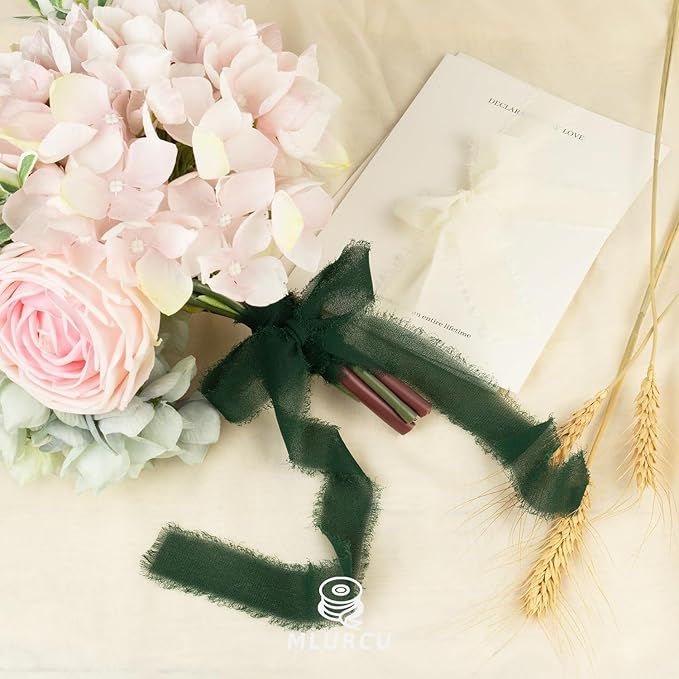 Green Chiffon Ribbon 1 Inch x 21Yds Handmade Fringe Chiffon Silk Ribbon Green & Cream Frayed Chiffon Ribbon for Wedding Invitation Flower Bouquets Gift Wrapping Bridal Shower Baby Shower