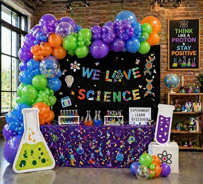 141PCS Science Party Decorations, Banner, Rainbow Balloon Arch Garland Kit for Lab Week, Mad Science Fun, Scientist Students Schoool Educational Theme Subject, Happy Pi Day Birthday Party