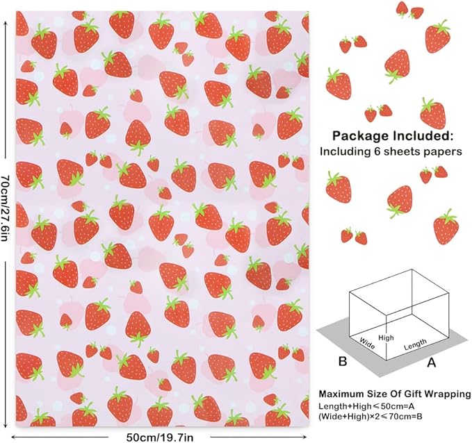 Strawberry Wrapping Paper Happy Birthday Girls Kids 6 Sheets, Cute Sweet Strawberries Fruity Design Perfect DIY Gift Wrap Pink Wraping Paper for Birthday, Holiday, Wedding, Baby Shower, Christmas,