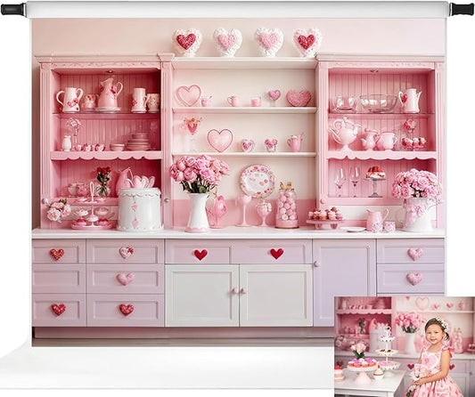 Kate Sweet Heart Backdrops Pink Kitchen Theme Girls Birthday Party Decorations Photo Studio Props, 10x8ft