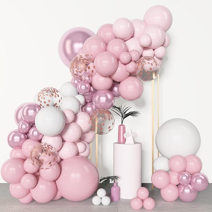 Amandir 153pcs Pink White Balloons Arch Garland Kit Different Sizes 18 12 10 5inch Pastel Light Latex Metallic Confetti Pink Balloons Mothers Day Shower Wedding Bow Coquette Birthday Party Decorations
