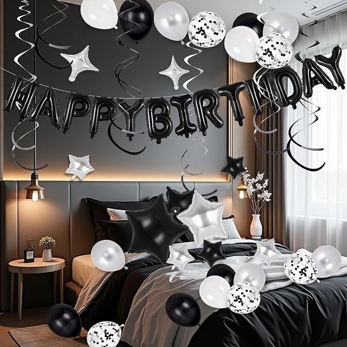 55 Pcs Happy Birthday Balloons Letters Banner with 35 Pcs Star Foil Balloons, 20 Pcs Latex Balloon, 6 Hanging Swirls for Women Men Boys Girls Birthday Party Decorations Set ﻿ (Black)