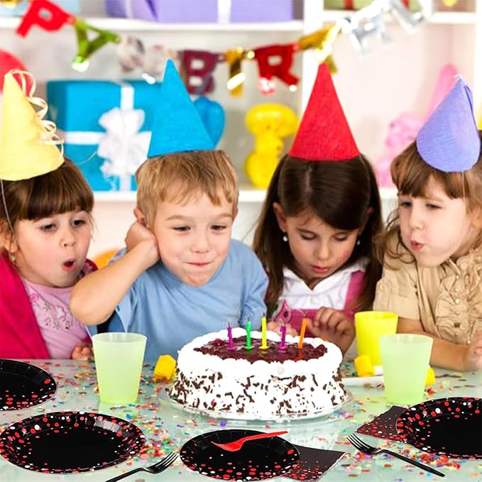 Grencian 200Pcs Black and Red Party Decorations Graduation Red Dot on Black Plates and Napkins Disposable Stranger Tableware Set for Congrats Grad Birthday Wedding Baby Shower Party Supplies Serves 50