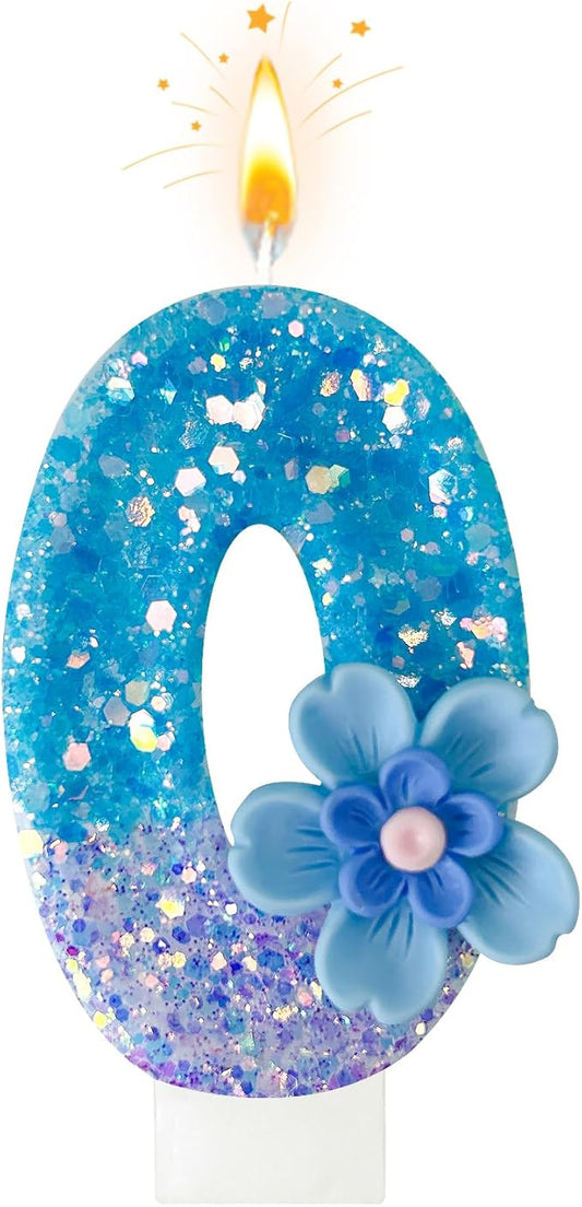 Blue Purple Flower Birthday Number Candles, Flower Theme Party Decorations, Cupcake Decorations, Suitable for Party Celebrations, Boys and Girls Birthday Decorations（0）