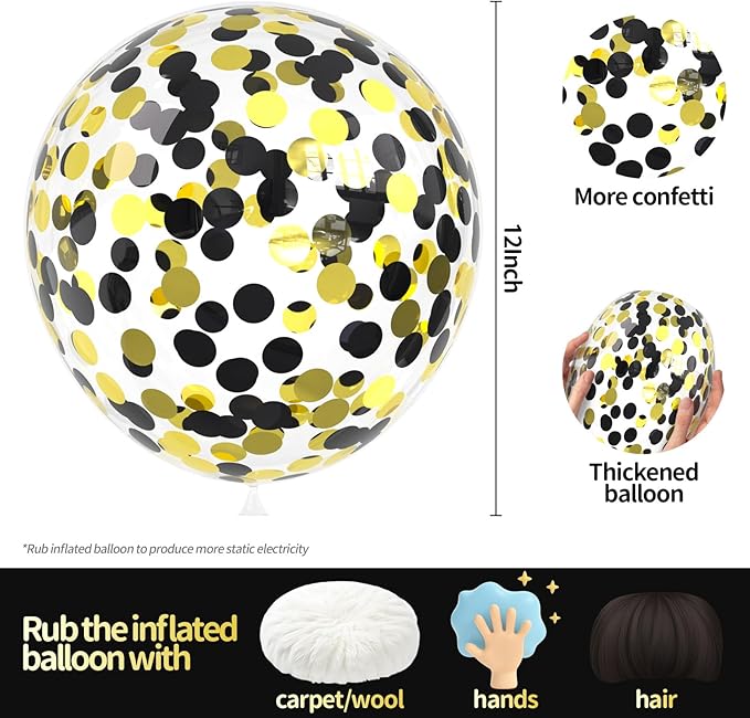 Black Gold Confetti Balloons 25 Pcs, 12 Inch Thickened Clear Latex Balloon with Confetti Inside for 2025 Happy New Year Eve Party Decoration Baby Shower Birthday Party Decorations Supplies