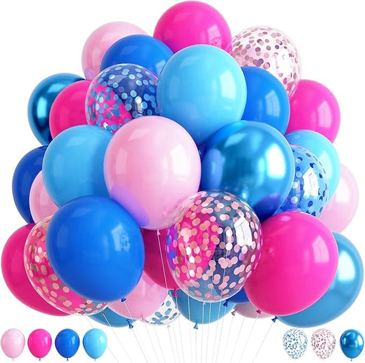 Pink and Blue Pastel Balloons, 12 Inch Hot Light Pink Metallic Dark Light Blue Latex Helium Balloons with dusty Confetti Balloon for Kid Gender Reveal Birthday Baby Shower Wedding Party Decorations