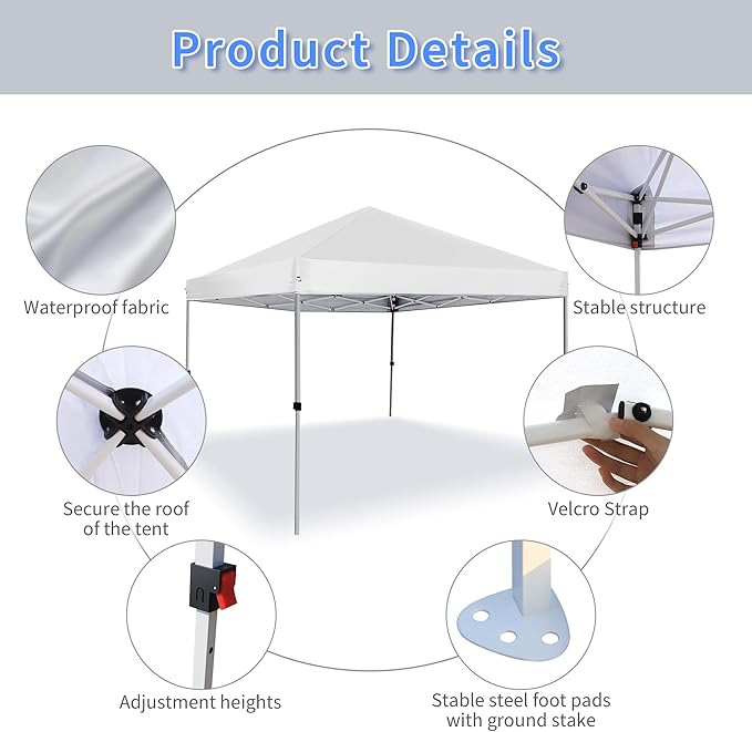 Pop Up Canopy Tent 8X8 FT,Easy Set-up Sade,Instant Shelter w/Canopy Cover,4 Ropes,Adjustable Straight Leg Heights Canopies,Outdoor Patio Tents for Parties,Commercial,White
