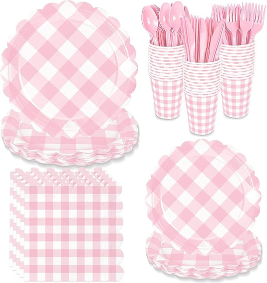 175 Pcs Pink Scalloped Gingham Party Supplies for 25 Guests, Pink and White Checkered Paper Plates, Cups and Napkins Sets for Baby & Bridal Shower, Wedding, Birthday Party, Outdoor Picnic