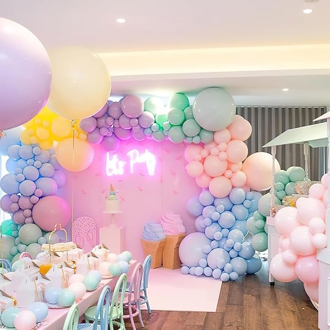 PartyWoo Pastel Balloon Arch Kit Garland 142pcs Different Sizes of 18 12 10 5 Inch Light Baby Pale Pink Blue Green Purple Yellow Orange Balloons for Baby Shower Graduation Birthday Party Decorations