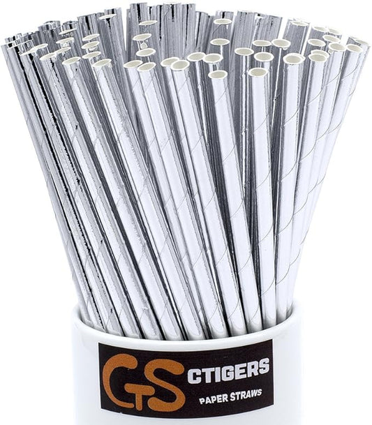 Metallic Silver Drinking Paper Straws for Valentine's Day Wedding Party Biodegradable Straw Box of 100
