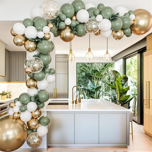 PartyWoo Sage Green Balloon Arch Kit Garland 152pcs Different Sizes of 18 12 10 5 Inch Olive Dusty Green White Gold Confetti Boho Balloons for Baby Shower Graduation Birthday Jungle Party Decorations
