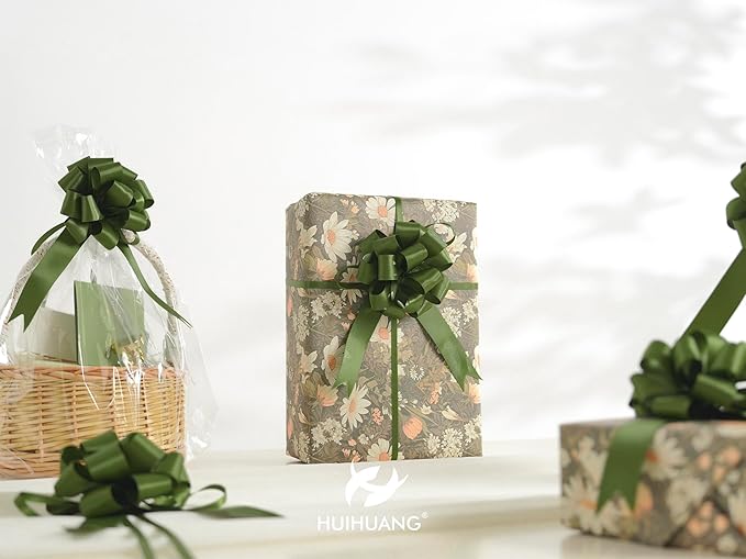 HUIHUANG Green Bows for Gift Wrapping 12 PCS Moss Green Pull Bows 4" x 8" Satin Gift Bow for Presents, Gift Basket, Paper Bag, Wrapping Accessories, Baby Shower Favors, Wedding Christmas Decor