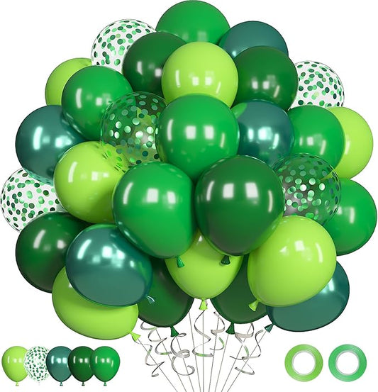Ouddy Life 71pcs Green Balloons Set, 12 inch Dark Lime Light Emerald Metallic Green Latex Balloons Confetti Balloon, Jungle Safari Theme Baby Shower Birthday Wedding Graduation St Patricks Party Decor