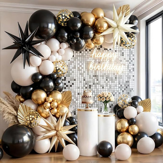 Black White Gold Balloons Arch Kit,Black Beige Sand White Chrome Gold Confetti Balloons Garland Kit with Exploding Star Balloons for New Year Graduation Retirement Birthday Wedding Party Decorations