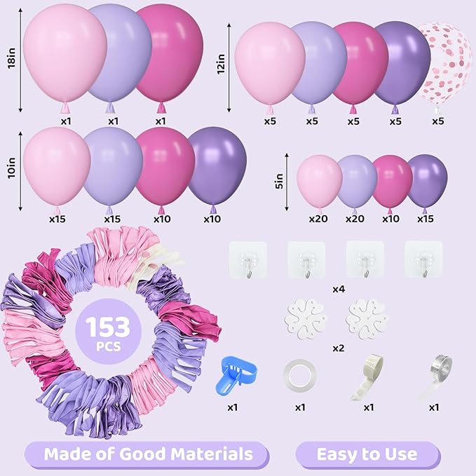 Amandir 153Pcs Pink Purple Balloons Arch Garland Kit Different Sizes 18 12 10 5inch Latex Pink Metallic Light Purple Rose Red Confetti Balloon Mother Butterfly Shower Bridal Birthday Party Decorations