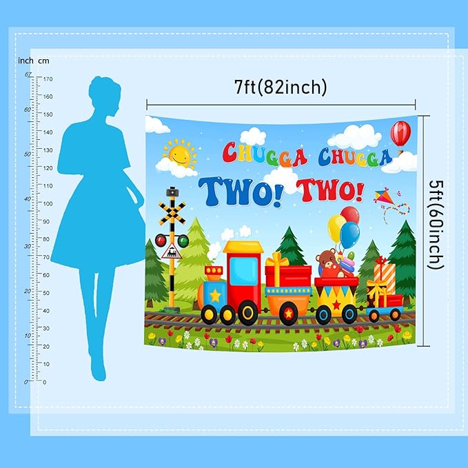 Mocscika Chugga Chugga Two Two Backdrop Red Train Theme 2nd Birthday Party Decorations Happy Second Birthday Cake Table Banner for Photography (Colorful, 8x6ft(96''x72''))