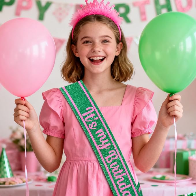 Pink Green Birthday Sash for Girls, Witch Themed Sash with Glitter Foil for Girl Happy Funny Accessories for Women Party Favors Supplies