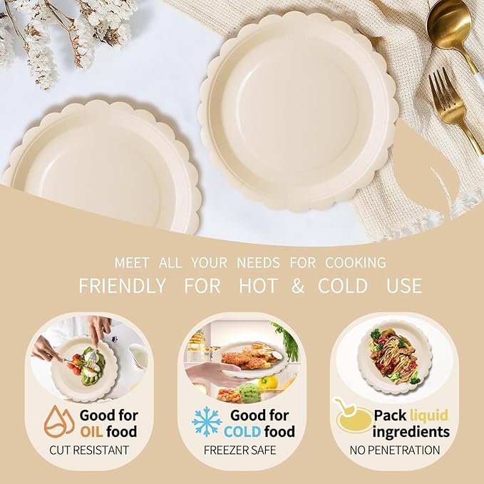 100Pcs Ivory Paper Plates Tableware Set Include Scalloped Cream Plates Napkin Serves 50,Beige Party Platter for Baby Shower Wedding Birthday