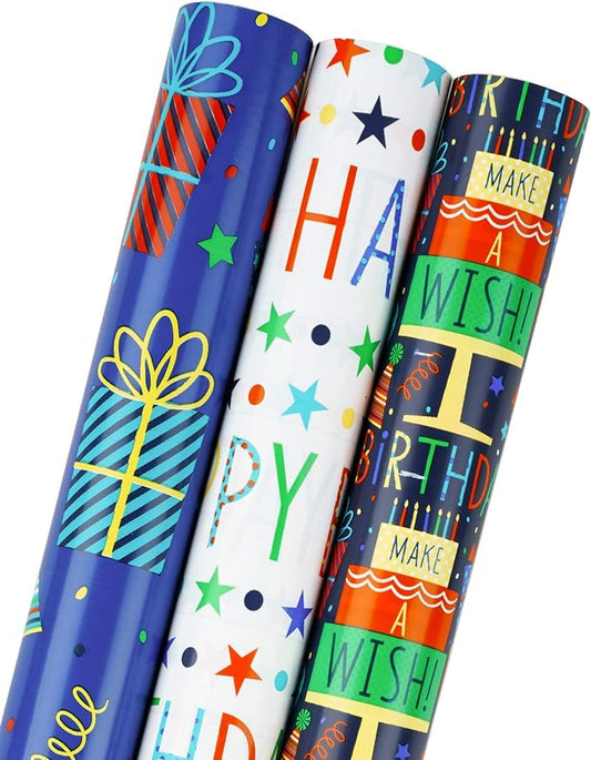MAYPLUSS Blue Birthday Wrapping Paper Roll - 17 X 120 Inch - Colorful Happy Lettering, Cake, Gift Box Pattern for Kid Boys Party, Baby Shower, Holiday