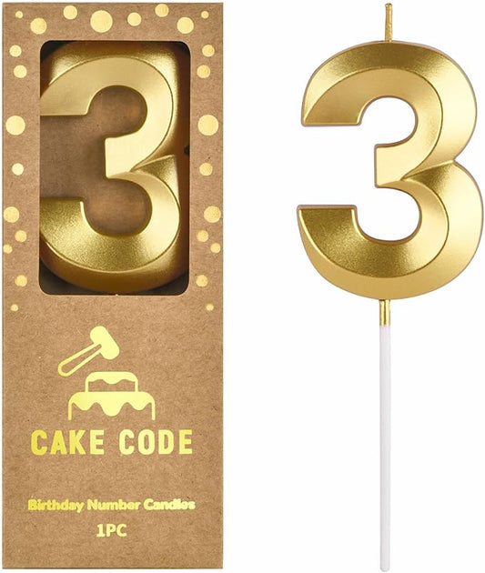 2.76 Inch Diamond Gold 3 Number Birthday Candles, Gold Number Candles, Cake Number Candles, Party Celebration