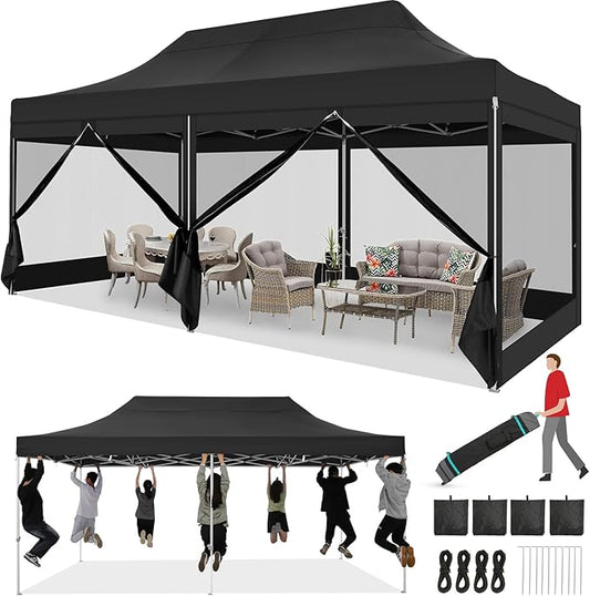 COBIZI 10x20 Heavy Duty Pop Up Canopy Tent with 6 Sidewalls, Easy Set Up Outdoor Waterproof Screen Commercial Party Tent with Mosquito Netting for Parties Backyard Patio, Roller Bag, Black