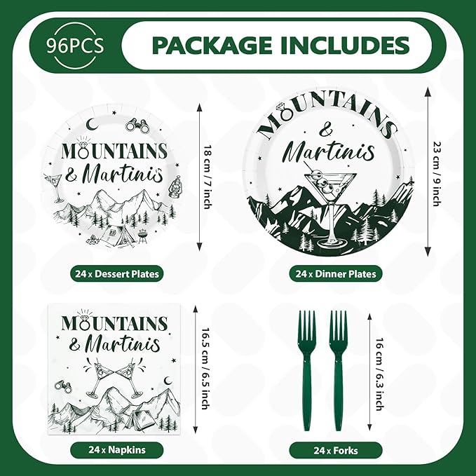 96Pcs Camp Bachelorette Decorations Green Tiny Bit Bridal Shower Plates and Napkins Mountains and Martinis Tableware Set for Camp Wedding Engagement Bachelorette Party Supplies, Serves 24