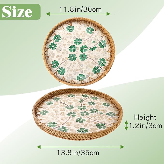Round Rattan Tray with Mother of Pearl Inlay, Handwoven Wicker Coffee Table Serving Basket Tray for Fruit Snack Party Picnic Cafe Bedroom Kitchen Home Decor Set of 2 (Four Leaf Clover)