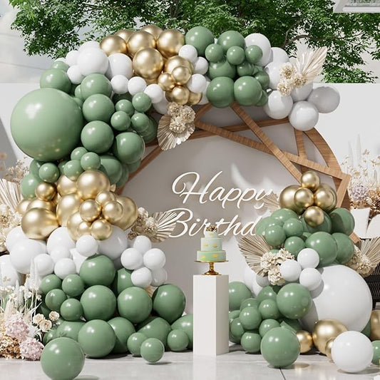 SUWEN Sage Green Balloons Arch Kit Garland 153Pcs Different Sizes of 18 10 5 Inch Latex Sage Olive Green Gold White Balloon Arch Kit Birthday Decorations for Gender Reveal Wedding Party