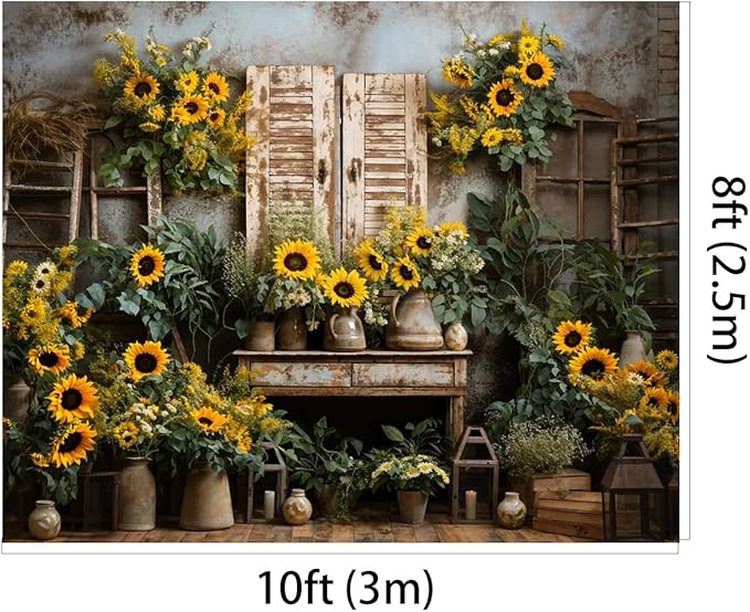 Kate 10x8ft Yellow Sunflowers Backdrops for Photography Rustic Brick House Background Bridal Baby Shower Sweet Birthday Party Decoration Studio Backdrop