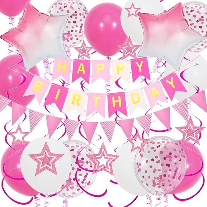 Pink Birthday Decorations, Happy Birthday Banner and Pink Star Balloons, Glitter Hanging Stars with Hanging Swirls, Bunting Banner, for Women Girls Party Decoration