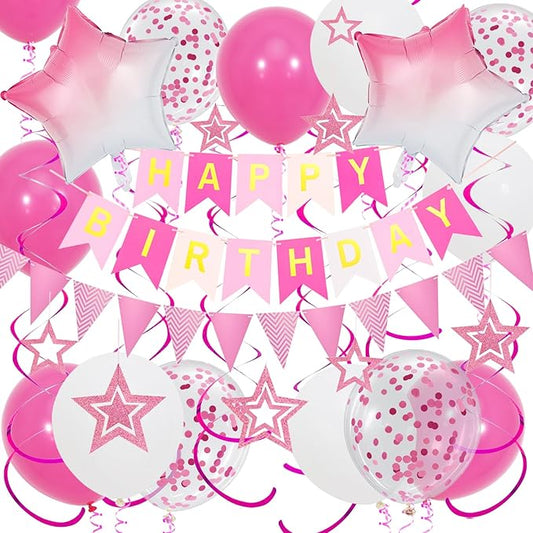 Pink Birthday Decorations, Happy Birthday Banner and Pink Star Balloons, Glitter Hanging Stars with Hanging Swirls, Bunting Banner, for Women Girls Party Decoration