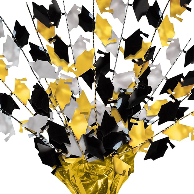 Beistle 2-Pack Metallic Gleam ’N Burst Centerpiece, Black/Gold/Silver Table Decor for Graduation Party with Mini Grad Caps, Tableware Decorations, 15"