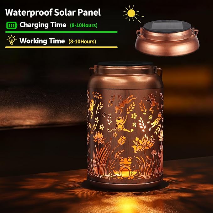Frog Decoration Solar Lanterns Outdoor Waterproof Garden Decor Gifts for Women Mon Grandma Metal Hanging Solar Lights for Outside LED Lanterns for Yard, Patio, Lawn, Tabletop, Pathway