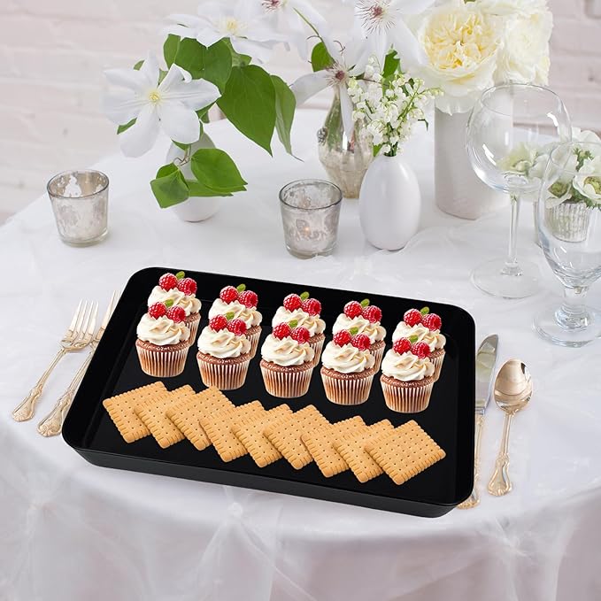 4 pcs 16" x 11" Large Serving Trays for Party Supplies, Plastic Platters for Serving Food, Unbreakable Reusable Trays for Snack, Fruit, Cookies, Desserts in Kitchen, BPA Free, Black