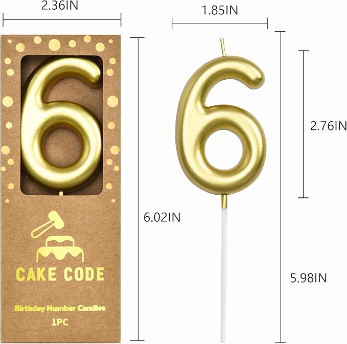 2.76 Inch Classical Gold 6 Number Birthday Candles, Gold and Cake Number Candles for Party Celebration