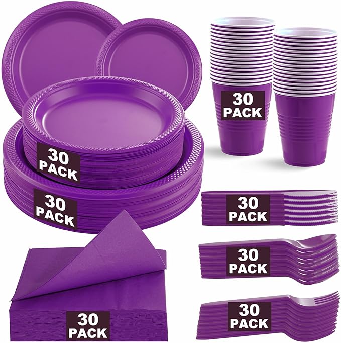 WELLIFE 210Pcs Purple Plastic Dinnerware Set, Party Supplies Including Party Plates and Cups and Napkins Sets for 30 Guests, Purple Plastic Plates