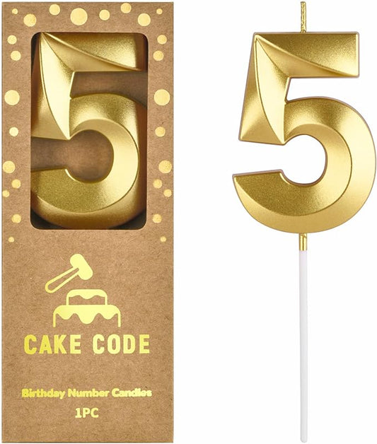 2.76 Inch Diamond Gold 5 Number Birthday Candles, Gold and Cake Number Candles for Party Celebration