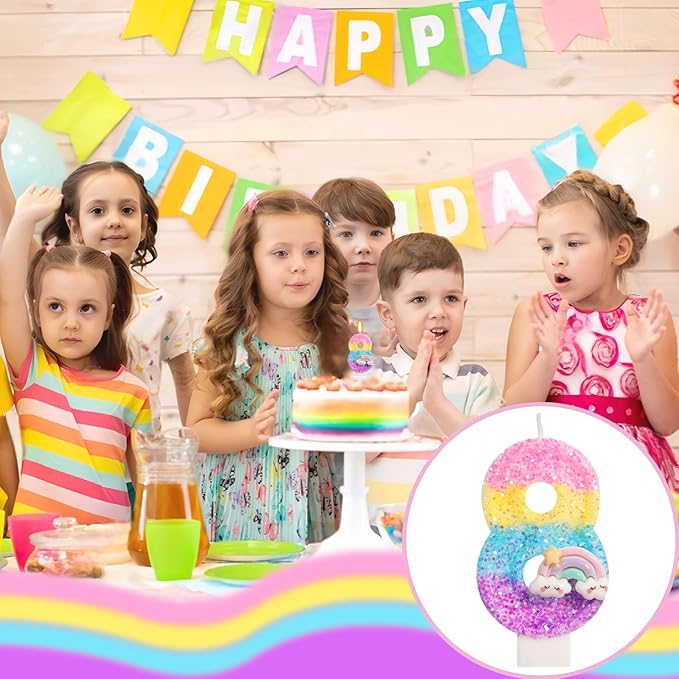 Rainbow Candles for Cakes, Number 8 Candle Rainbow Cake Topper for 8th Birthday Decorations for Girls