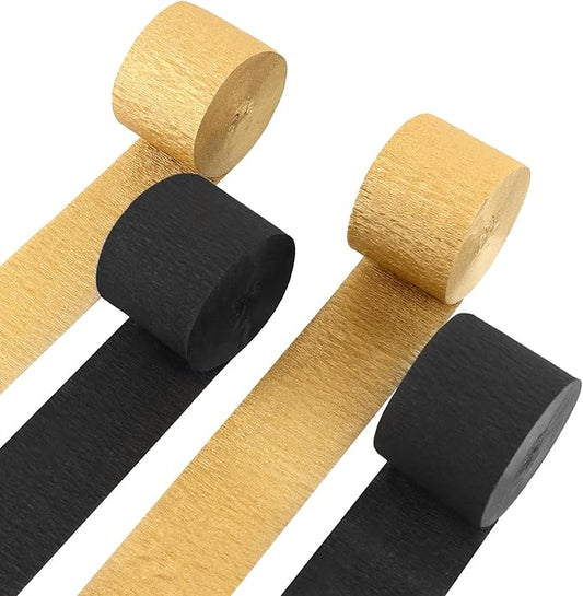 4 Rolls Crepe Paper Balck Gold Streamers – Perfect for Streamers Party Decorations, Wedding, Birthday, Colored Decor, and DIY Craft Supplies(1.8 Inch x 82 Ft/Roll)