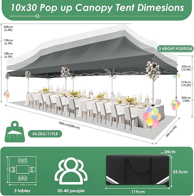 COBIZI Canopy Tent 10x30 Pop Up Canopy with 8 Removable Sidewalls Party Tents for Parties Wedding Patio Commercial Waterproof and UV50+ Ez Outdoor Instant Gazebo with Roller Bag & 4 Sandbags（Grey）