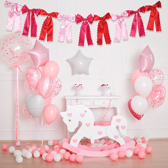 VitalCozy Rose Pink Bow Garland Decor for Coquette Party Decorations, Pre-Strung Rose Pink Satin Ribbon Birthday Party Garland Bow Banner for Bridal Shower Bachelorette Wedding Birthday Engagement