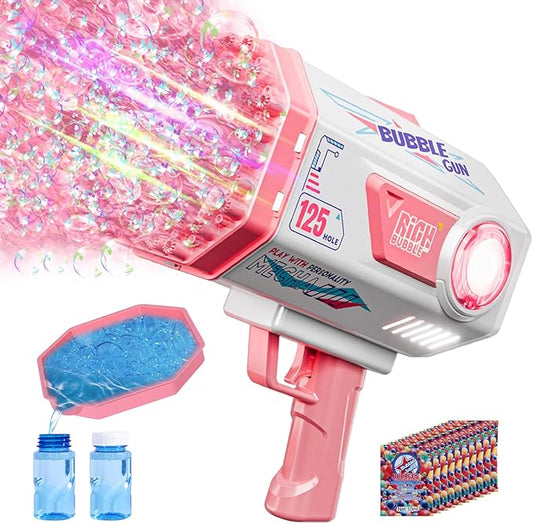Deserthome Bubble Gun, Upgraded 125 Holes Bubble Guns for Wedding, Pink Bubble Machine for Kids Age 3 4 5 6 7 8 9 10 11 12 Year Old, Big Bubble Blower Gun with Lights, Easter Outdoor Party Favors
