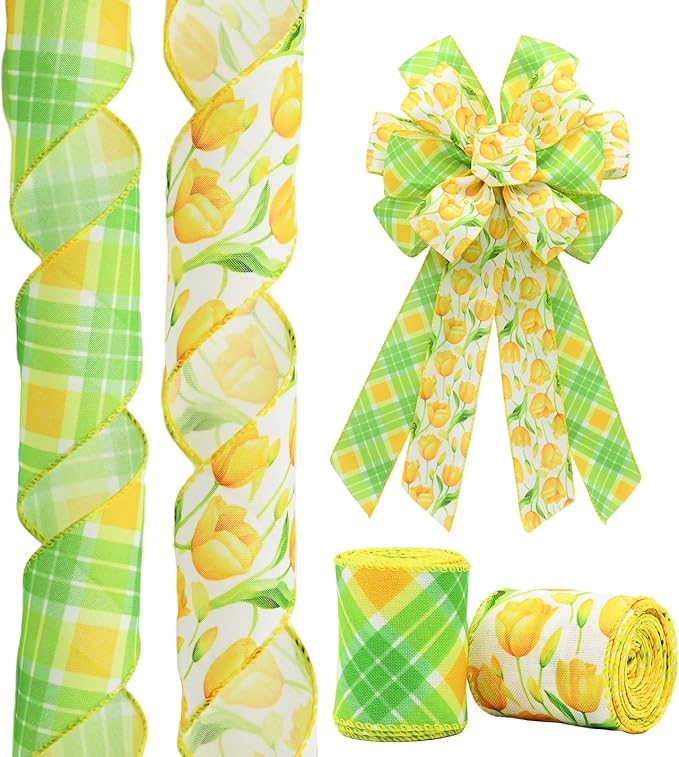 2 Rolls Yellow Tulip Wired Ribbon - 2.5 Inch Wide, 10 Yards Total, Tulip Floral Pattern, Cheerful Summer Floral Ribbon for Wedding Decor, DIY Crafts & Gift Wrapping