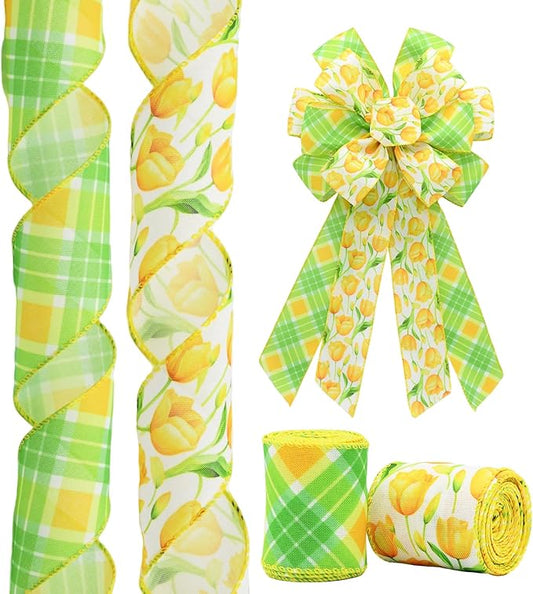 2 Rolls Yellow Tulip Wired Ribbon - 2.5 Inch Wide, 10 Yards Total, Tulip Floral Pattern, Cheerful Summer Floral Ribbon for Wedding Decor, DIY Crafts & Gift Wrapping