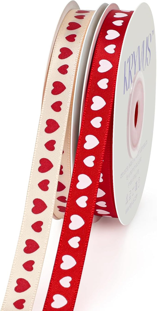 Valentine's Day Ribbon Set - 2 Rolls Heart Printed Double Faced Satin Ribbon, 3/8 Inch x 30 Yards Total for Gift Wrapping, Crafts, Wedding Decor, Party Supplies (Red, Cream)