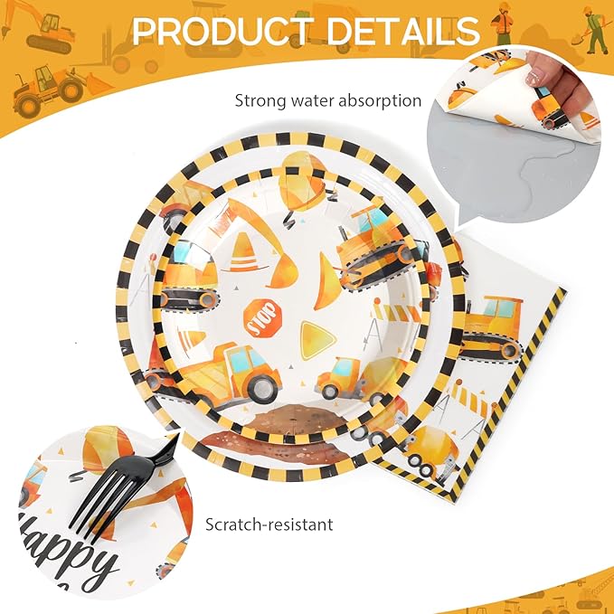 96Pcs Construction Birthday Party Supplies Construction Truck Paper Plates and Napkins and Cups Baby Shower Kids Birthday Party Decorations, Serves 24